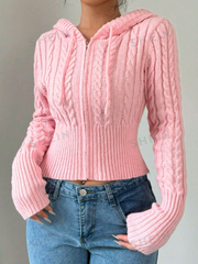 Solid Color Drawstring Hooded Cardigan