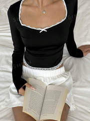 Lace Bow Tight Long Sleeve T-Shirt
