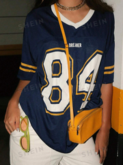 V-Neck Short Sleeve Striped Letter & Number Print Tee