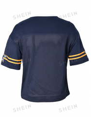 V-Neck Short Sleeve Striped Letter & Number Print Tee