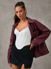 Dropped Shoulder Long Sleeve PU Leather Casual Loose Jacket