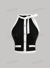 Patchwork Sleeveless Round Neck With Bow Button Top