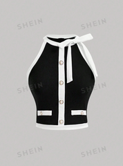 Patchwork Sleeveless Round Neck With Bow Button Top