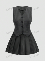 Striped Single-Breasted Vest And Skirt Set