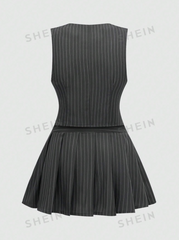 Striped Single-Breasted Vest And Skirt Set