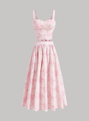 Vintage Floral Bow Knot Top and Skirt Set