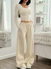 Women's Casual Plain Ruched Round Neck Cropped T-Shirt And Wide Leg Drawstring Waist Pants Set