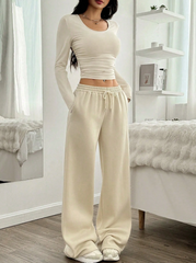 Women's Casual Plain Ruched Round Neck Cropped T-Shirt And Wide Leg Drawstring Waist Pants Set
