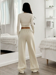 Women's Casual Plain Ruched Round Neck Cropped T-Shirt And Wide Leg Drawstring Waist Pants Set