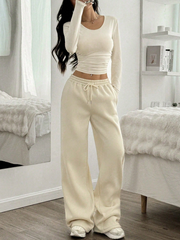 Women's Casual Plain Ruched Round Neck Cropped T-Shirt And Wide Leg Drawstring Waist Pants Set