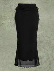 Women's Mesh Ribbon Tie Design Mermaid Hem Long Skirt