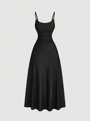 Solid Color Waisted Ruching Flared Hem Cami Dress