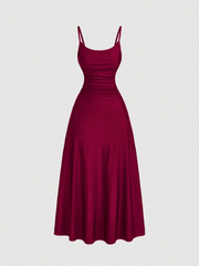 Solid Color Waisted Ruching Flared Hem Cami Dress