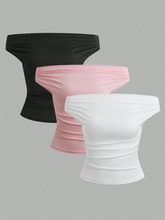 3pcs Solid Off Shoulder Ruched Top
