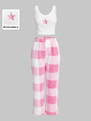 Star Print Tank Top & Plaid Print Pants PJ Set