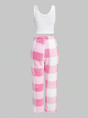 Star Print Tank Top & Plaid Print Pants PJ Set