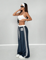 Numeric Print Waistband Patchwork Pants