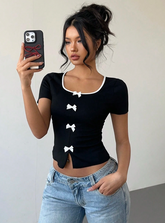 Contrast Trim Bow Decor Short Sleeve Top