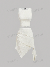 Knitted Jacquard Women's Round Neck Top And Asymmetric Pink Women's Skirt Set