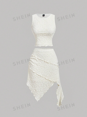 Knitted Jacquard Women's Round Neck Top And Asymmetric Pink Women's Skirt Set