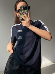 Short Sleeve Casual T-Shirt With Motorcycle Style Letter Print And Striped Decoration