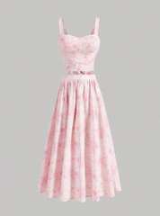 Vintage Floral Bow Knot Top and Skirt Set