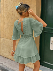 Ruffle V-Neck Lace Patchwork Elegant Short Dress