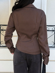 Brown Striped Ruffle Wrap Long Sleeve Shirt