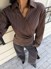 Brown Striped Ruffle Wrap Long Sleeve Shirt