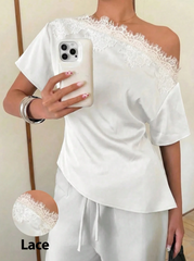 Women's Lace Patchwork Satin Blouse With Asymmetrical Shoulder Neckline