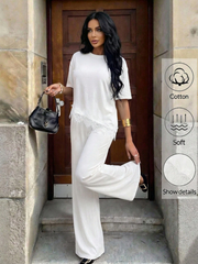 Two Pieces Set,Lace-Paneled T-Shirt&Long Pants With Asymmetrical Hem