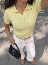 Twist Detail Polo Collar Yellow Knitted Top