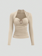 Autumn Metal Decor Button Hollow Out Women T-Shirt