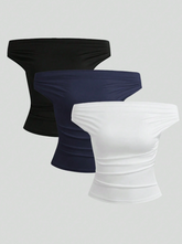 3pcs Solid Off Shoulder Ruched Top