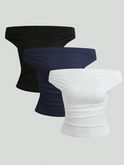 3pcs Solid Off Shoulder Ruched Top
