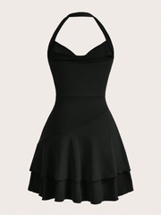 Solid Ruched Layered Ruffle Hem Halter Neck Dress