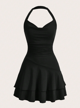 Solid Ruched Layered Ruffle Hem Halter Neck Dress