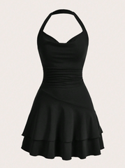 Solid Ruched Layered Ruffle Hem Halter Neck Dress