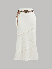 Apricot Color Block Bohemian Skirt With Belt