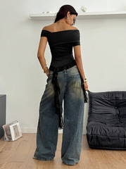 Black Ruffle Stretchy T-