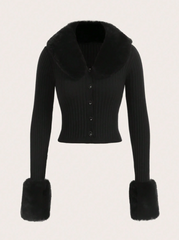 Fuzzy Trim Ribbed Knit Button Front Cardigan, Long Sleeve Tops