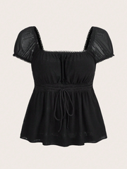 Square Neck Puff Sleeve Tie Front Top