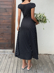 Patchwork Lace Trim Heart Collar Puffy Short Sleeve Dress