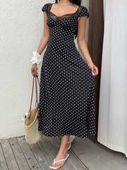 Patchwork Lace Trim Heart Collar Puffy Short Sleeve Dress