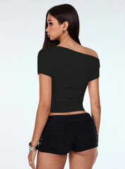 Oblique-Shoulder Cropped T-