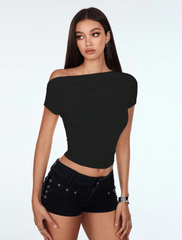 Oblique-Shoulder Cropped T-