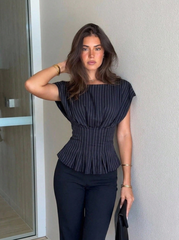 Elegant Classy Navy Blue Striped Peplum Top