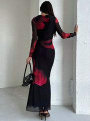 Long Sleeve Tie Dye Mesh Print Cocktail Party Dress