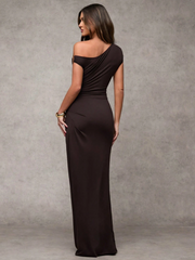 Elegant Asymmetric Shoulder Metal Embellished Maxi Dress
