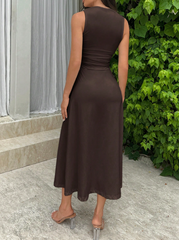 Solid Color Pleated Side Long Dress